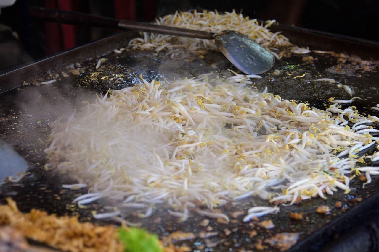 Smażone kiełki fasoli na gorącej patelni z łopatką