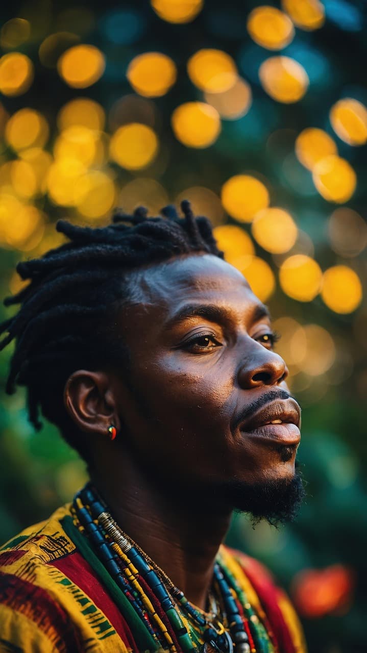 Afrykański mężczyzna z dredami, kolorową odzieżą, naszyjnikami, światła bokeh
