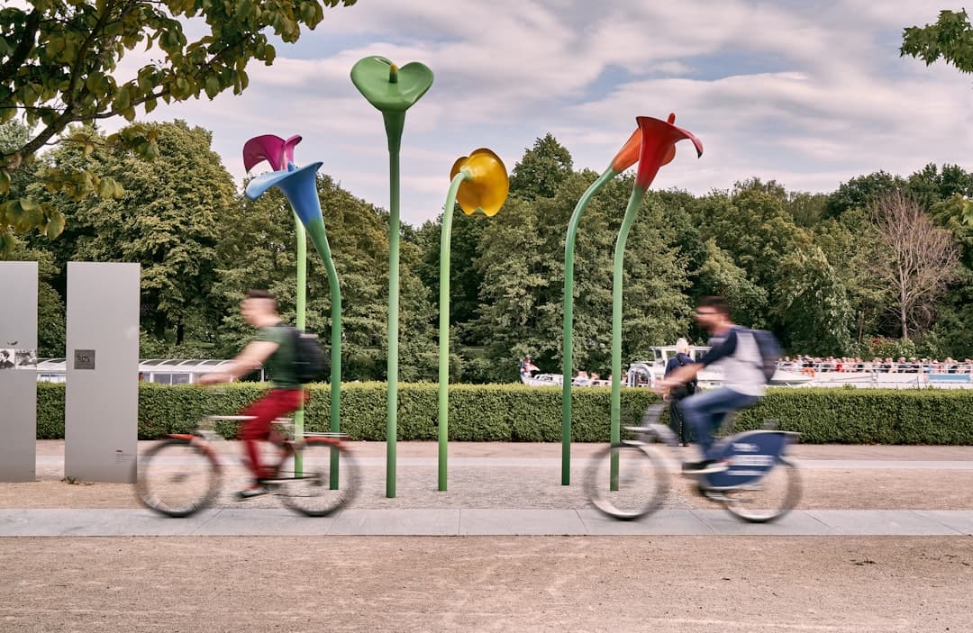 Ludzie jeżdżący na rowerach w pięknym parku