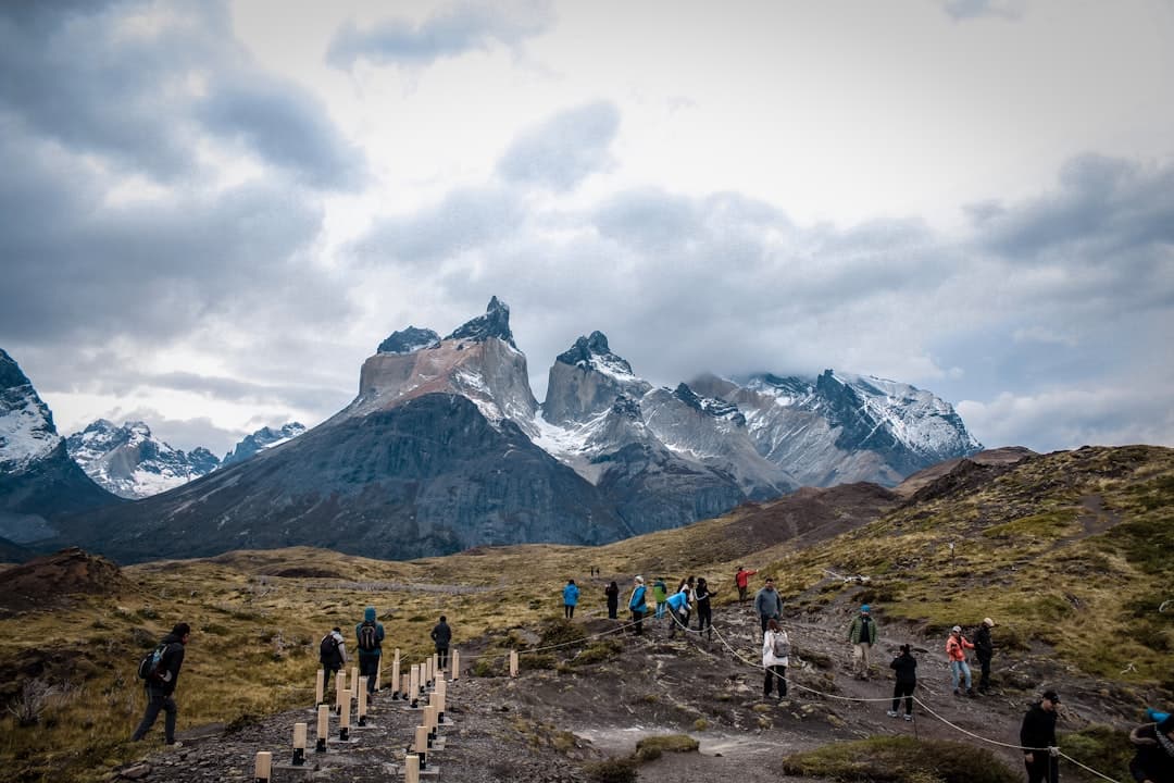 Trekkerzy idący szlakiem w Torres del Paine