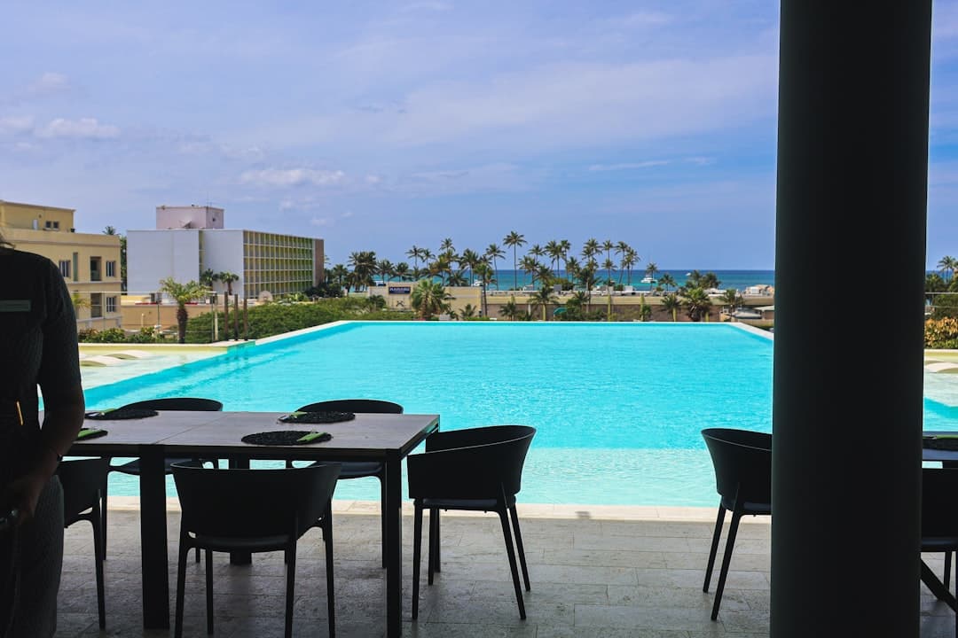 Widok z patio na basen i palmy