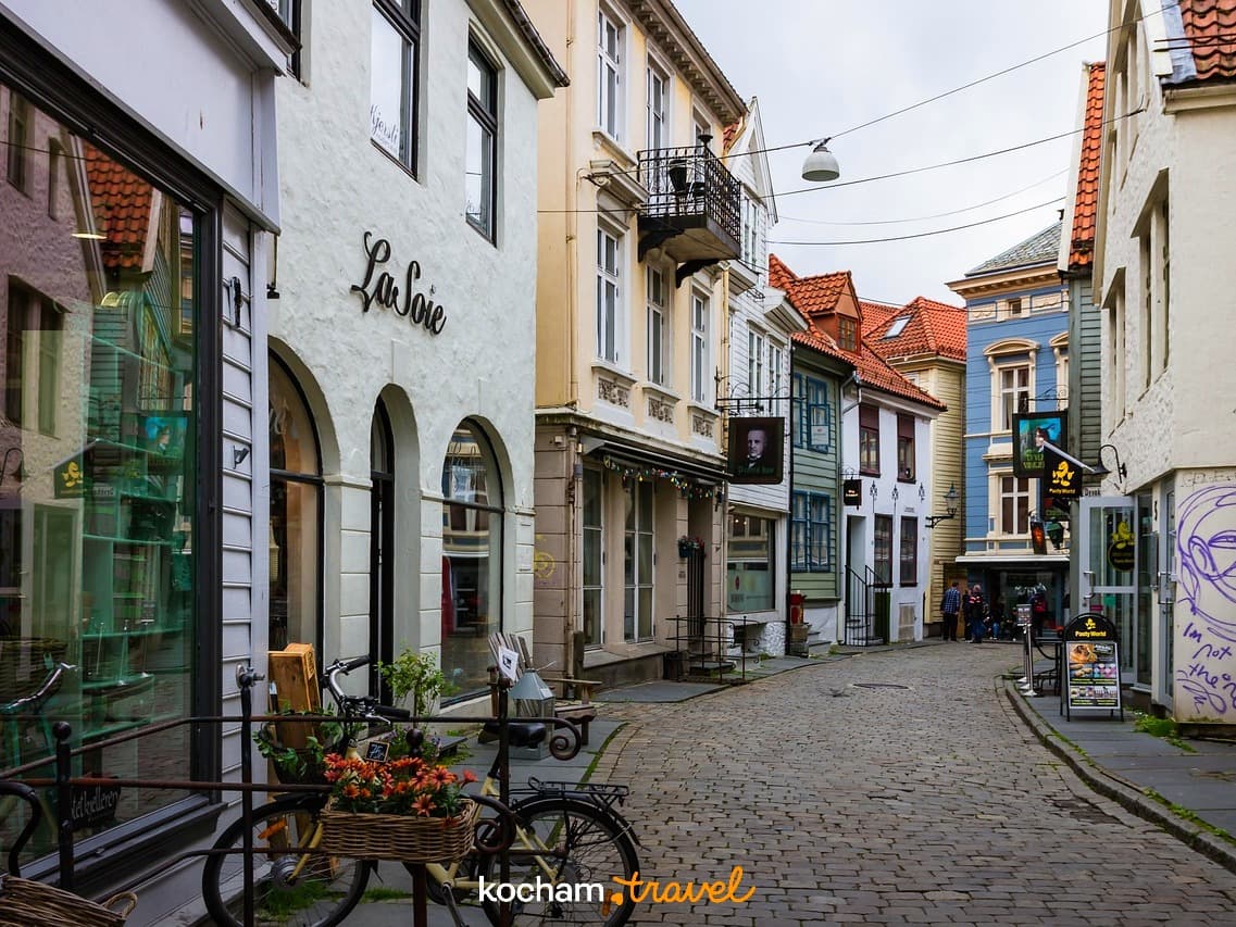 Brukowana ulica, tradycyjne europejskie kamienice, sklep, rower z kwiatami.