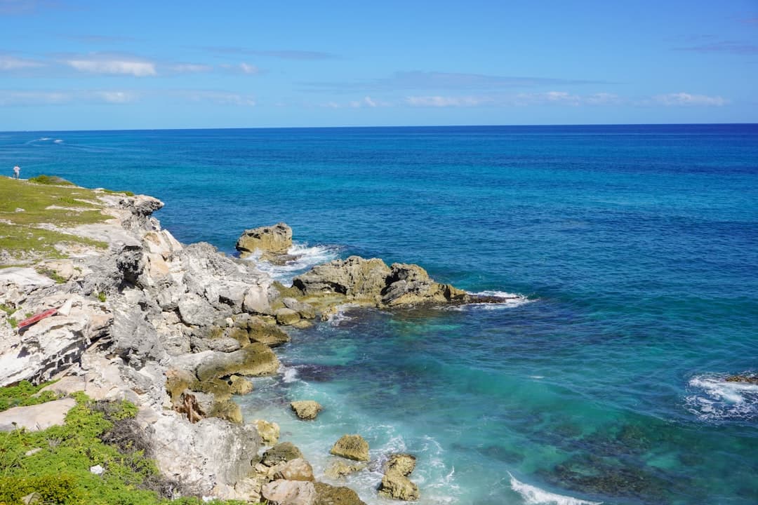 Niebieski ocean i skaliste wybrzeże klifu.